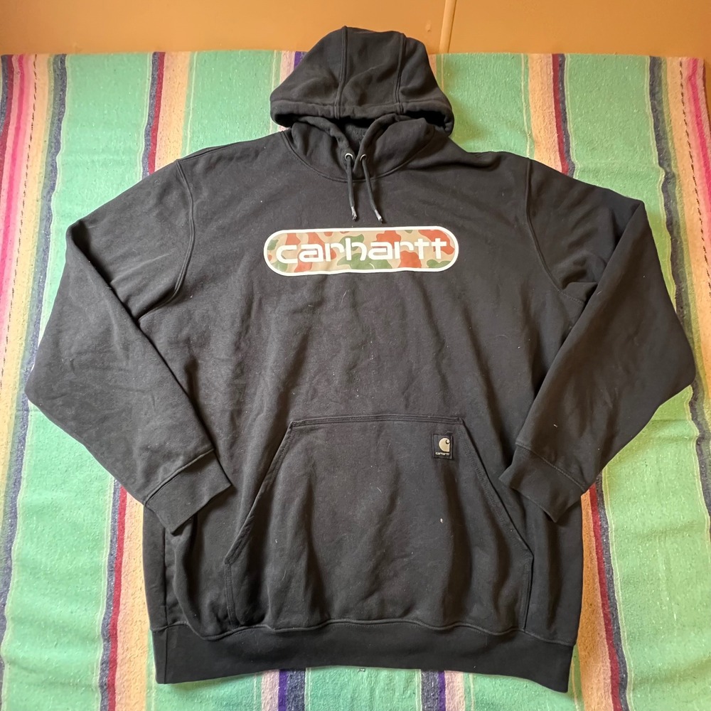 Carhartt Hoodie Mens XL Black Camo Logo Loose Fit Pullover TS5942-M Sweatshirt